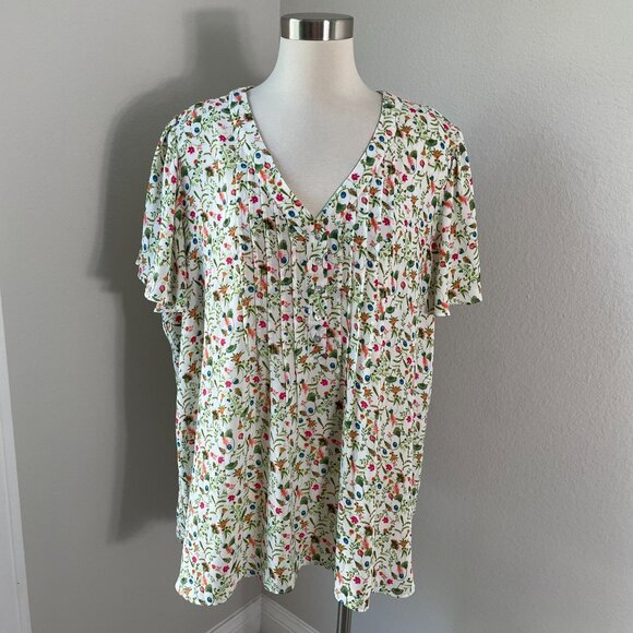 Rose + Olive Womens Plus 2X Floral V Neck Blouse Short Sleeve Tunic Top Shirt - Picture 1 of 11